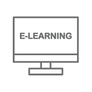 An icon of a desktop computer monitor with the word e-learning represents digital teaching and and online learning