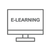 ourwork_icon_elearning An icon of a desktop computer monitor with the word e-learning represents digital teaching and and online learning