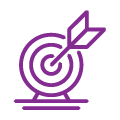 Icon of a purple arrow is in the center of a purple archery target representing results and goals