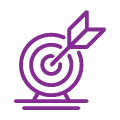 Icon of a purple arrow is in the center of a purple archery target representing results and goals