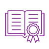 Icon illustrating an open book with text and a badge or seal of certification indicating quality education