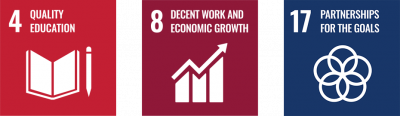 Three United Nations Sustainable Development goals (SDG 4, 8 and 17) icons representing quality education, decent work & economic growth, and partnerships for the goals.