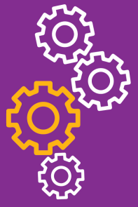 Four gears icon on a purple background symbolizes the 4 program implemented by AGF including UCQOL, MIT Bootcamp, Virtual Internships.