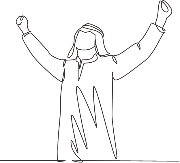 A black and white drawing of a man with his arms raised representing RISE- Results, Innovation, Synergies, Excellence- AGF