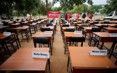 Names of missing Chibok school girls kidnapped by Boko Haram in 2014 displayed during the 5th year anniversary of their abduction, in Abuja, Nigeria, in 2019. Reuters