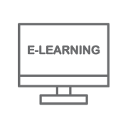 ourwork_icon_elearning An icon of a desktop computer monitor with the word e-learning represents digital teaching and and online learning
