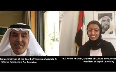 Split-screen webinar featuring the Chairman of AGF and the Minister of Culture and Knowledge Development